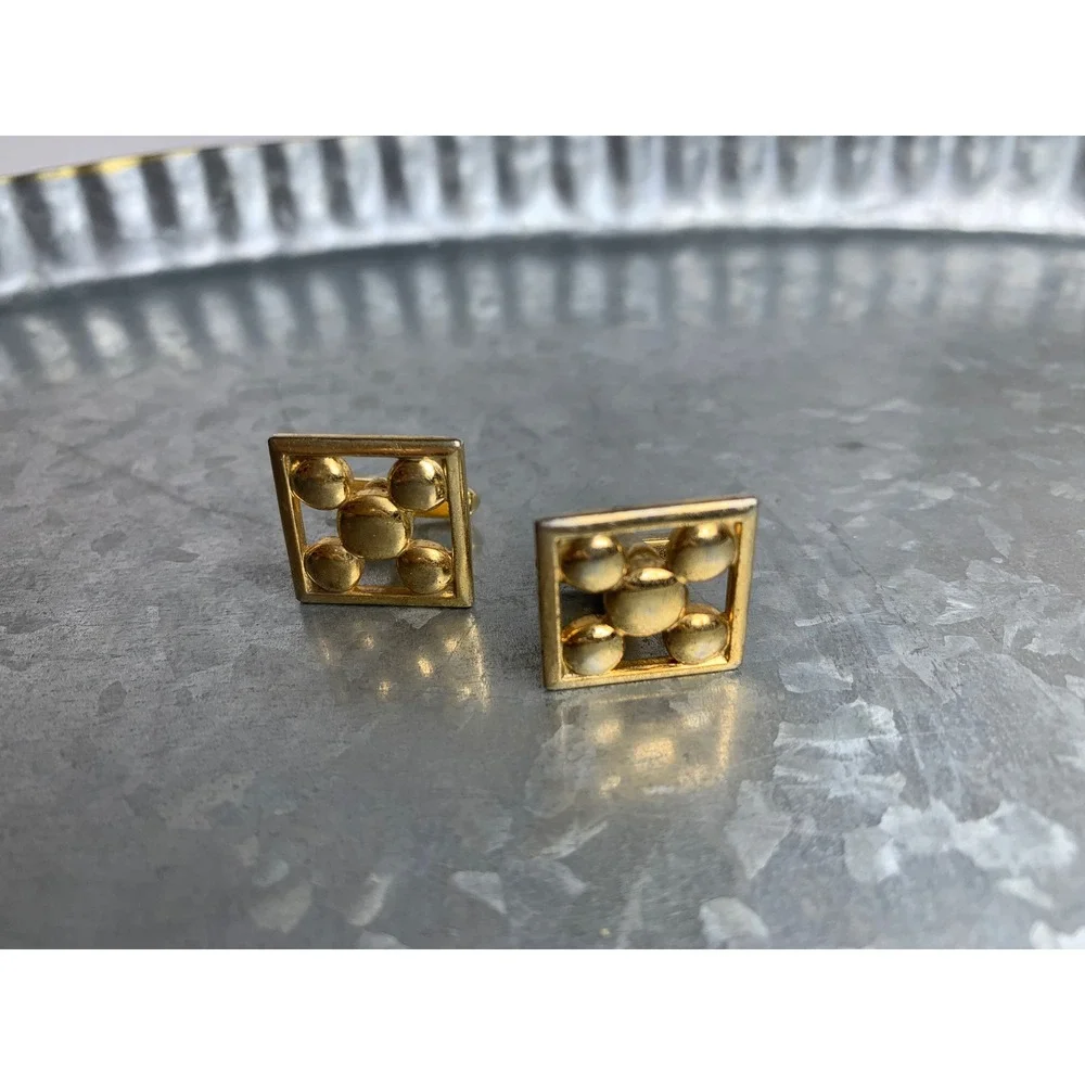 Vintage Anson Gold Tone‎ Square Geometric Ball Cluster Toggle Back Cufflink